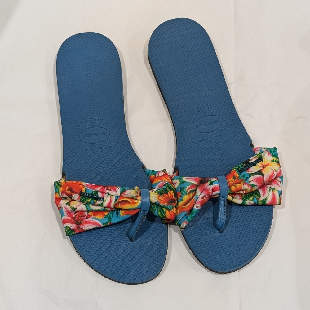 Havaianas St. Tropez Sandals, Blue Tropical Floral Print, Size 11/12US